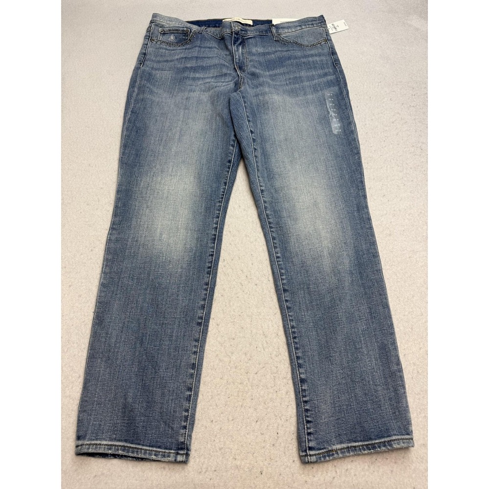 Gap 1969 Real Straight Jeans Womens 33R Blue Mid Rise Studded Slim Stretch Denim